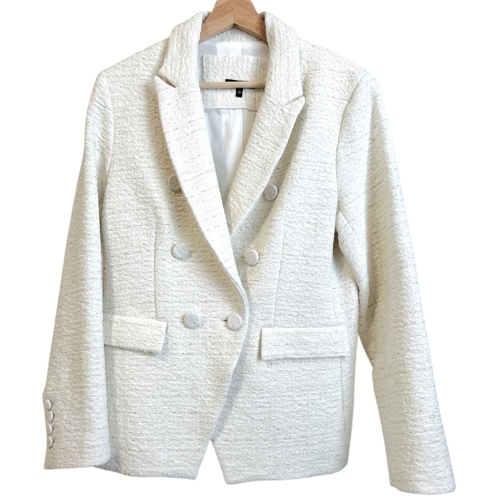 DREW Blazer White Textured Double Breasted Size L Made in USA Coquette Glam